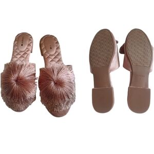 Birdies The Songbird Mules Blush Pink Velvet Pom Pom Flats Warm Cozy Cute Size:7